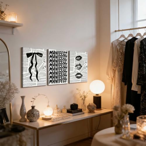 3Pcs Trendy Black and White Preppy Canvas Wall Art Retro Kiss Lips Bow and - Image 7