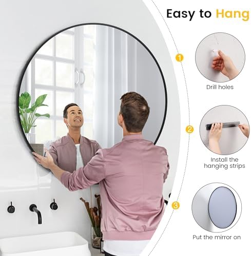 Garvee 36 Inch Round Wall Mirror Black Metal Frame Circle Bathroom Mirror - Image 6