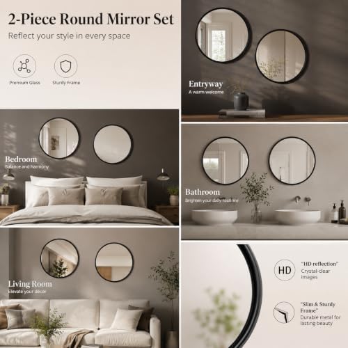 12"x12" Round Decorative Wall Mirror, 2 Pack Metal Framed Real Glass Mirror - Image 7