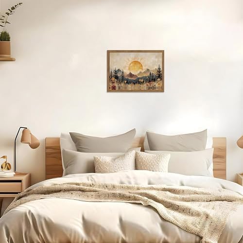 Framed Vintage Sunrise Mountain Landscape Wall Art, Retro Wildflower Nature - Image 7