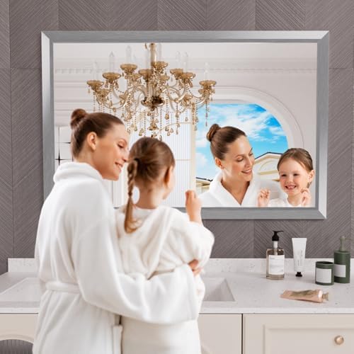 Amorho Bathroom Mirror for Wall 50x36 Inch, Brushed Silver Metal Framed - Image 6