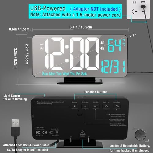 KOSUMOSU Digital Alarm Clock 6.7in Black Clock - Image 6