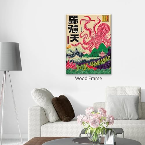 Framed Japanese Wall Art Octopus Ocean Theme Canvas Print 20x30in Vintage - Image 7