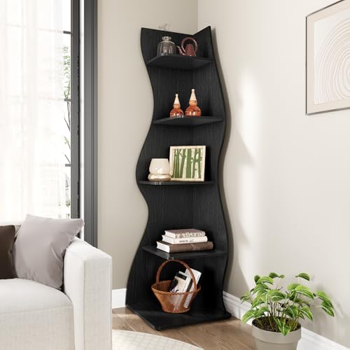 LITTLE TREE Small Corner Shelf, Modern 5-Tier Wall Wavy Corner Bookshelf - Image 6