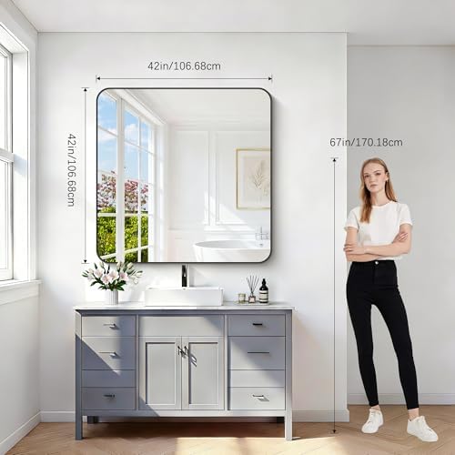 Bathroom Mirror, 42x42 inch Black Square Wall Mirror, Rounded Corner Aluminum - Image 6