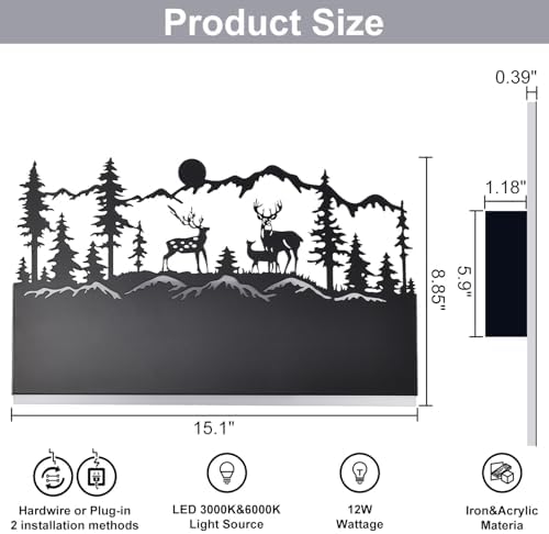 LED Wall Sconce Indoor, Deer Black Rustic Plug in Wall Sconces Farmhouse - Image 7