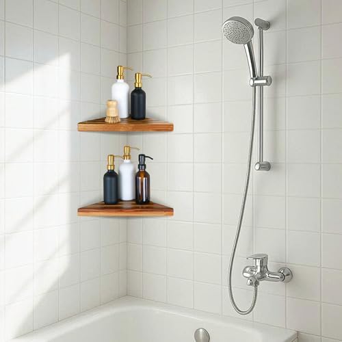 ENKEZI Acacia 2, 3 Tiers Corner Shower Shelf, Triangular Corner Shelf Wooden - Image 6
