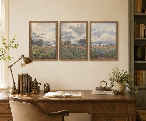 Vintage Framed Farmhouse Wildflower Meadow Landscape Wall Art Set of 3 - Image 7