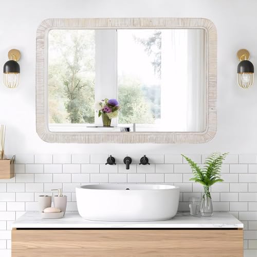 FUIN 20" x 30" Rattan Wicker Rectangle Wall Mounted Bathroom Mirror - Image 7