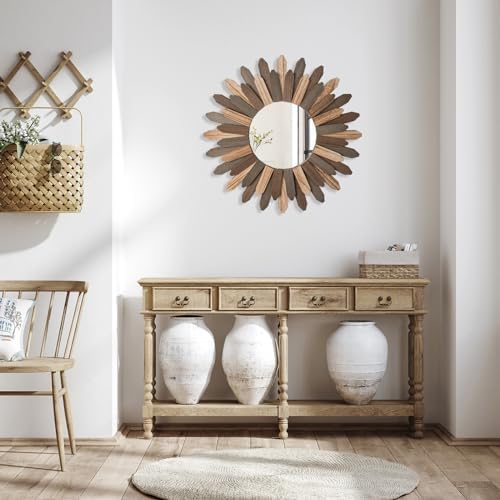 Emfogo Wall Mirror 21 inch Large Rustic Wood Boho Mirror Wall Decor Boho Room - Image 7