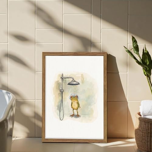 Framed Funny Frog Canvas Wall Art, Cute Frog Showering in Bathroom Canvas Prints - Image 7