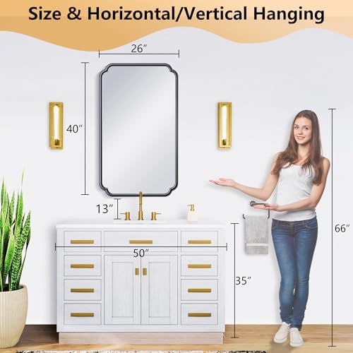 Ferytange 26"x40" Rustproof Bathroom Mirror Black, Round Corner Metal Frame - Image 6