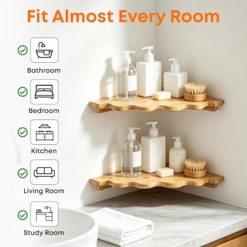 Fantasyon Corner Floating Shelf Wall Mount, Bamboo Wood Corner Hanging Shelves - Image 7