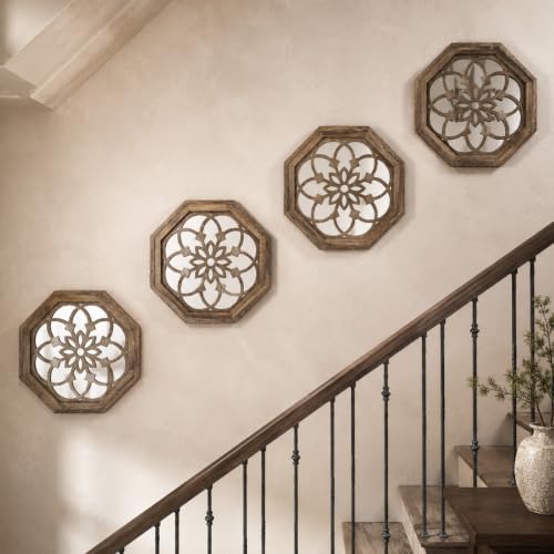 4 Pack 12 Inch Octagon Maroon Rustic Wood Frame Acrylic Wall Mirrors, Farmhouse - Image 6
