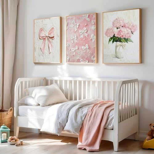 3Pcs Trendy Pink Bows Wall Art Cute Girly Coquette Watercolor Hydrangea Bow - Image 7