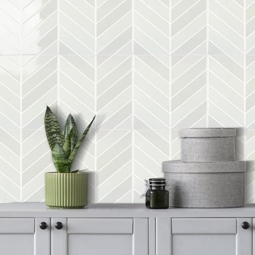 Select 5 Pack Peel and Stick Backsplash Chevron Tiles, Stone White - Image 6