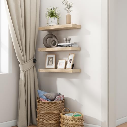 fuqing Natural Wood Floating Shelves, 17 Inch Wooden Wall Shelves Set of 3 - Image 7