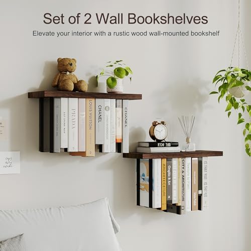 Floating Bookshelves for Wall, Rustic Wood Hanging Wall Bookshelf, Upside Down - Image 6