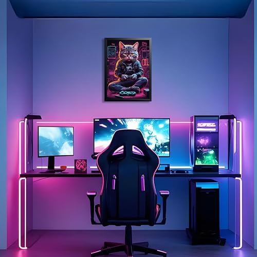 Framed Gamer Cat Canvas Wall Art, Kitten Playing Video Game Wall Decor - Image 7