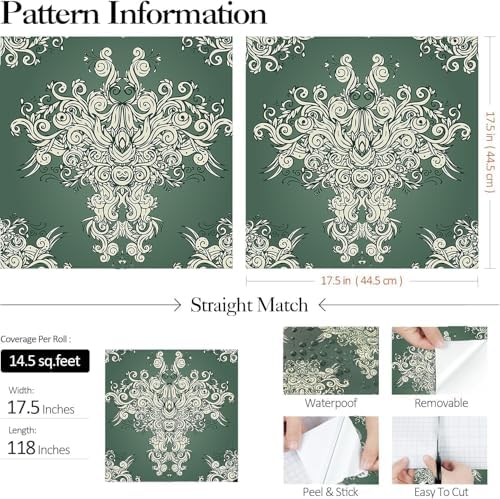 FunStick Damask Wallpaper Peel and Stick Vintage Green Victorian Wallpaper - Image 7