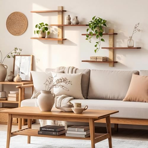 Pinkunn 2 Pack Floating Wall Shelf Mid Century Decor, Natural Wood, 3 Tier - Image 6