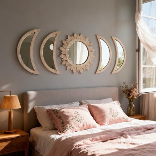 5 Pieces Moon Phase Mirror Wall-Mounted Wall Decor Mirrors Natural Wooden - Image 6