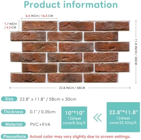 Commomy 3D Faux Brick Wall Panels Peel and Stick 12 pcs 22.8" x 11.8" Red - Image 6