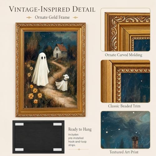 Vintage Gold Framed Rustic Cute Ghosts Dog Halloween Wall Art 12x16 Inch - Image 7