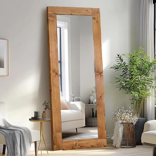 65x24in Full Length Mirror, Solid Wood Convex Frame, Light Brown - Image 6