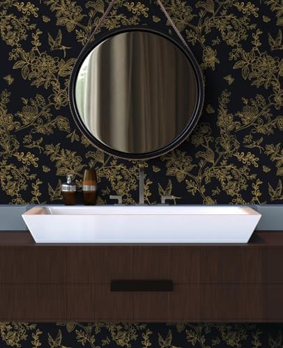 Froluya Black Gold Floral Wallpaper Peel and Stick Wallpaper 17.7in×118.1in - Image 6