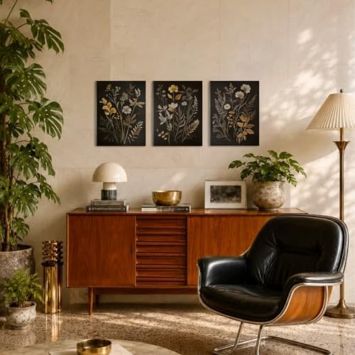 Vintage Dark Gothic Flowers Canvas Wrapped Wall Art Set of 3 16x12in Framed - Image 7