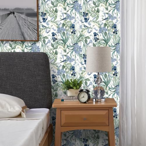 Floral Wallpaper Peel and Stick Flower Bird Blue Vinyl 17in x 393in - Image 6