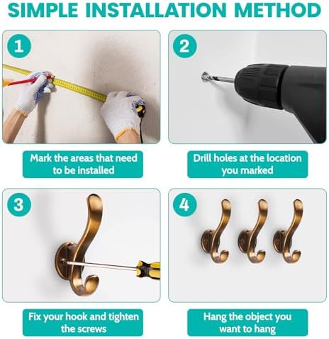 Heavy Duty Wall Hooks, Metal Mounting Hardware, Double Prong Design, Decorative - Image 6