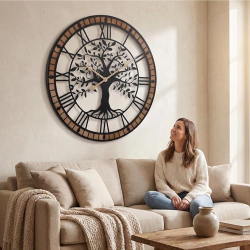 24 Inch Tree of Life Wall Clock, Silent Farmhouse Wood and Metal Decor - Image 6