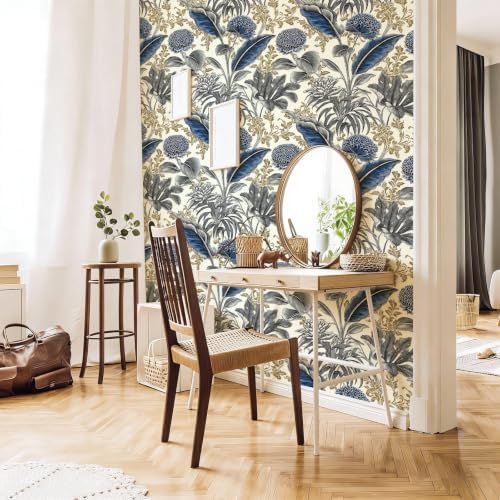 Chinese Blue Tropical Floral Peel and Stick Wallpaper Self Adhesive 17.72" x - Image 7