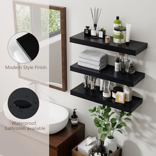 fuqing Black Floating Shelves for Wall, 17 Inch Wood Wall Shelves Set of 3 - Image 6