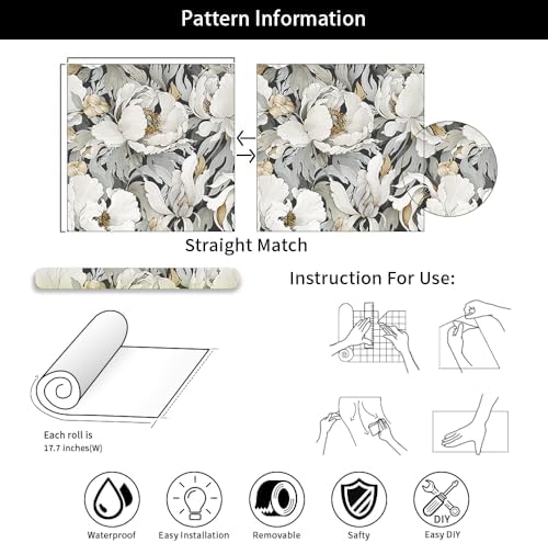 Modern Dark Grey White Poppy Floral Peony Flowers Peel and Stick Wallpaper Wall - Image 7