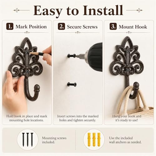 iobiotio Cast Iron Wall Hooks Heavy Duty 2 Pack, Vintage Coat Hooks - Image 7