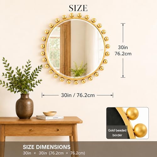 30 Inch Round Wall Mirror, Antique Gold Ball Frame, Beveled Glass - Image 6