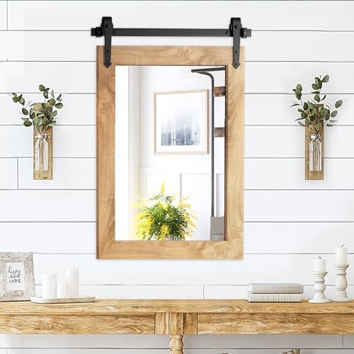 Farmhouse Bathroom Mirror 26”x40” Rustic Wood Framed Wall Mirror Barn Door - Image 6