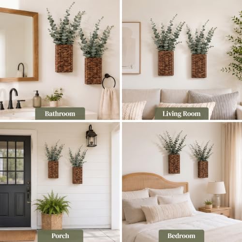 2 Pack Woven Wall Vases with Artificial Eucalyptus, Hanging Wall Planters - Image 6