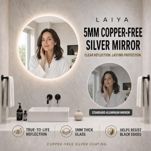 LAIYA 36 Inch Round LED Bathroom Mirror Frameless Backlit Anti-Fog Dimmable - Image 6