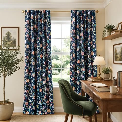 jinchan Dark Blue Floral Blackout Curtains 96 Inch Back Tab 2 Panels - Image 6