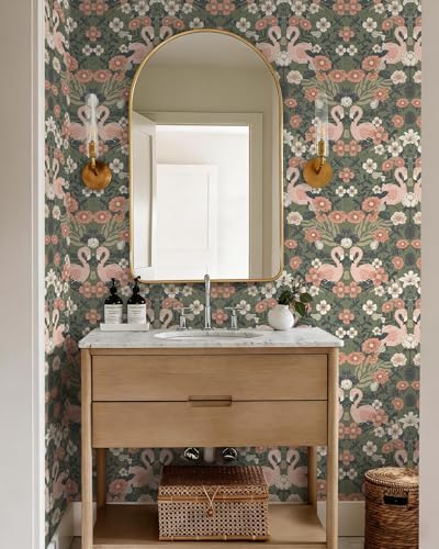 Heroad Green Peel and Stick Wallpaper Vintage Floral Flamingo Contact Paper - Image 6