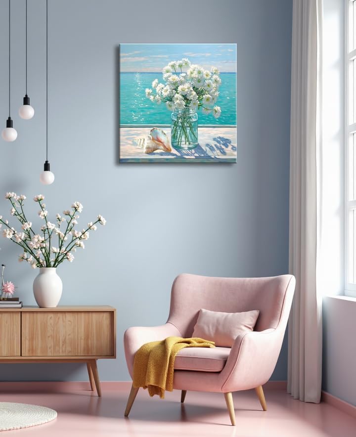 Ocean Flower Bathroom Decor Daisy Floral Canvas Wall Art Coastal Nautical - Image 7
