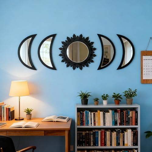 5 Pieces Moon Phase Mirror Wall-Mounted Wall Decor Mirrors Natural Wooden - Image 6