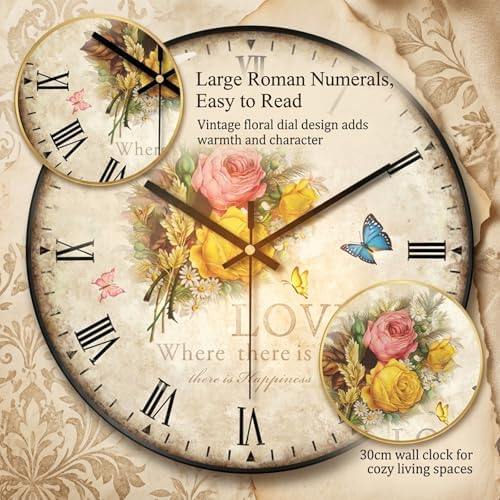 Wall Clock —12-inch Silent, No Ticking Sound, Battery Operated, Vintage Floral - Image 6