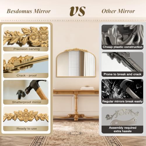 Besdomus Large Vintage Gold Mirror: 40"x30" Baroque Antique Arched Mirror - Image 6