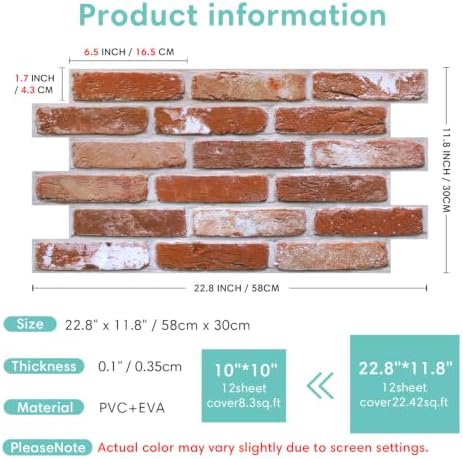 Commomy Faux Brick 3D Wall Panels, Thin UrltraLight PVC 22.8" x 11.8" - Image 6