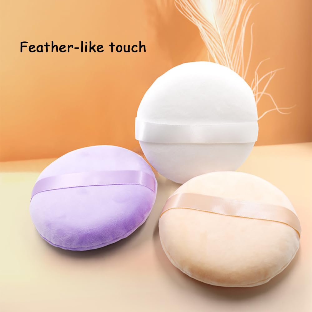 2 Pack Extra Large 5.2" Beige & Purple Powder Puffs and 5.3" Glass Container – Oversized Soft Body & Face Large Powder Puff Dusting Powder Jar Holder Case(Black Glass)